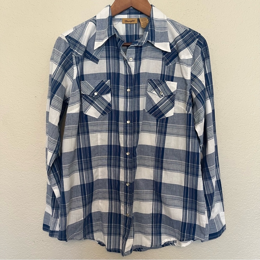 Wrangler Blue and White Plaid Western Button Down Shirt Women's Medium - Picture 2 of 15